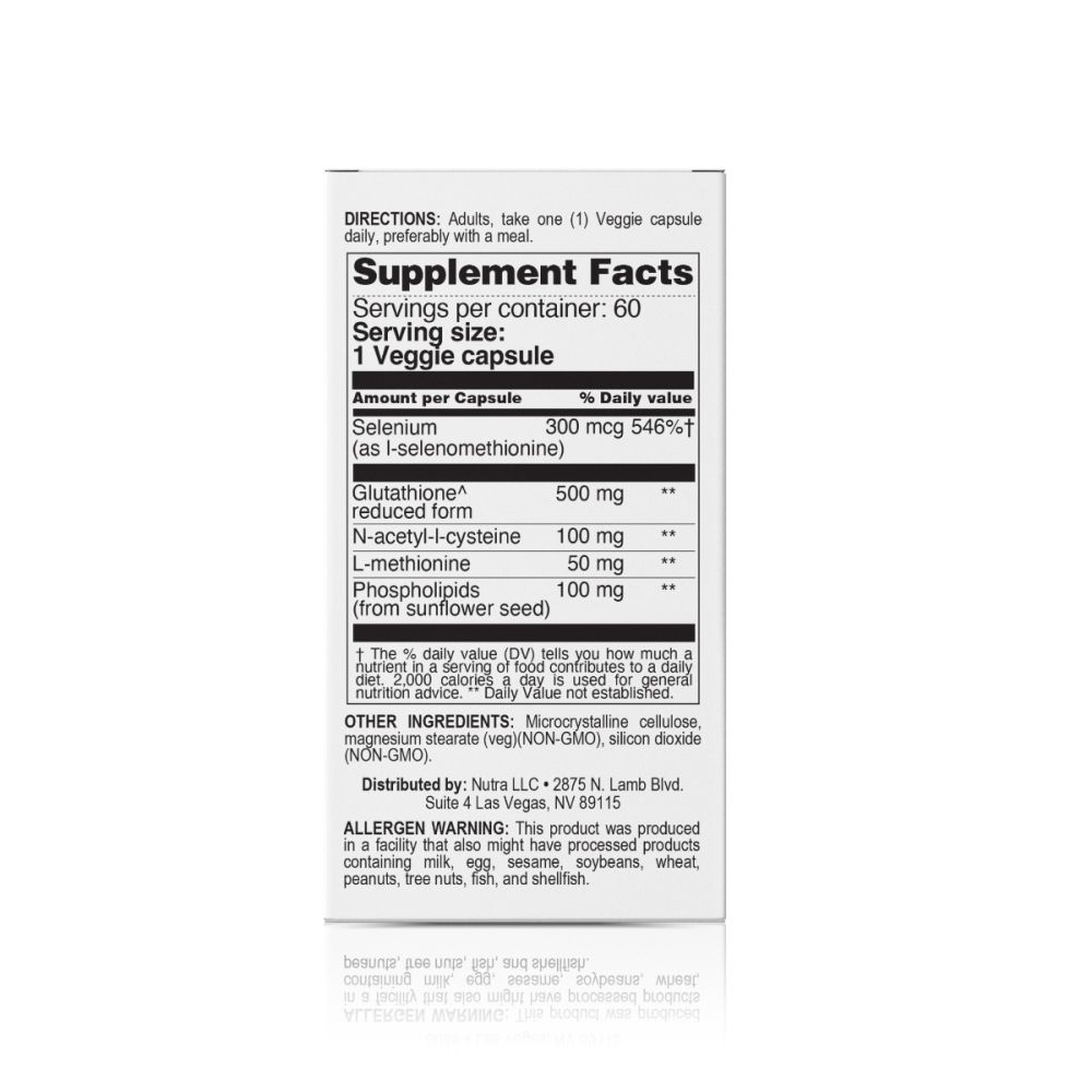 Supplement facts label of Nutra Glutathione reduced form 500 mg plus, with selenium, N-acetyl-L-cysteine, L-methionine, and phospholipids.