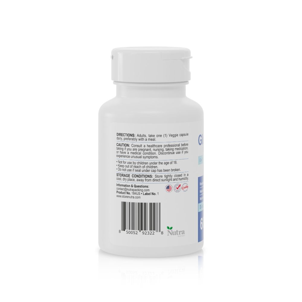 Supplement facts label of Nutra Glutathione reduced form 500 mg plus, with selenium, N-acetyl-L-cysteine, L-methionine, and phospholipids.