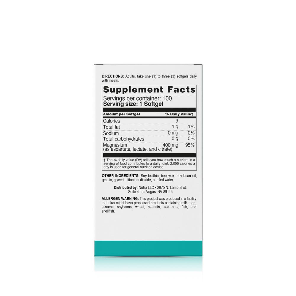 Close-up of MagX3 supplement facts panel with 400mg magnesium per serving and ingredient details.