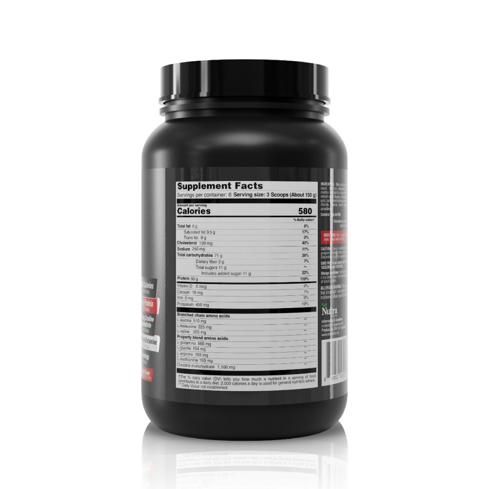 Back of Barbarus lean mass gainer jar displaying supplement facts with whey protein concentrate