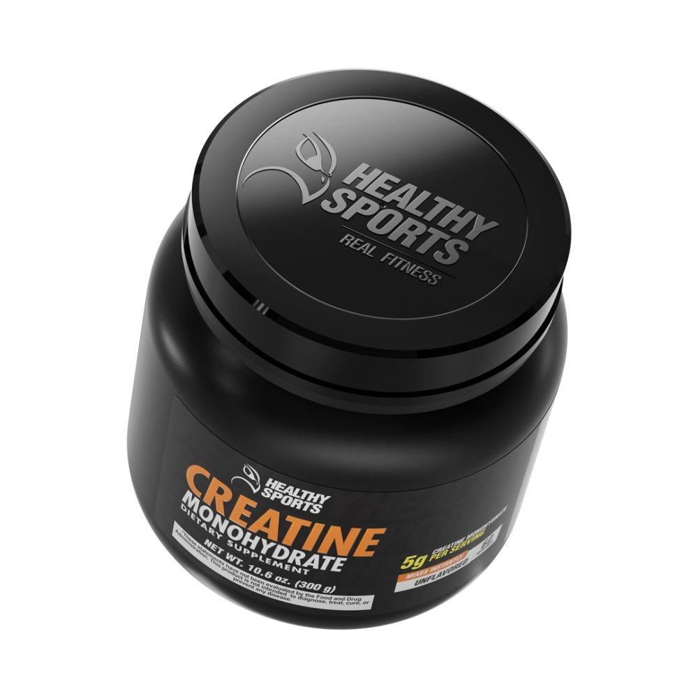 Top view of Healthy Sports Creatine Monohydrate unflavored supplement, ideal for muscle recovery and workout performance