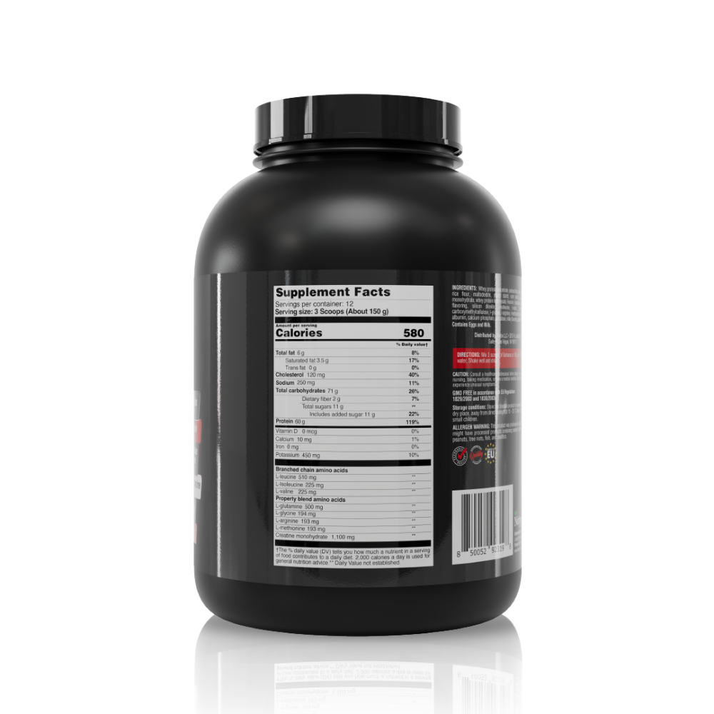 Back of Barbarus lean mass gainer jar displaying supplement facts with whey protein concentrate