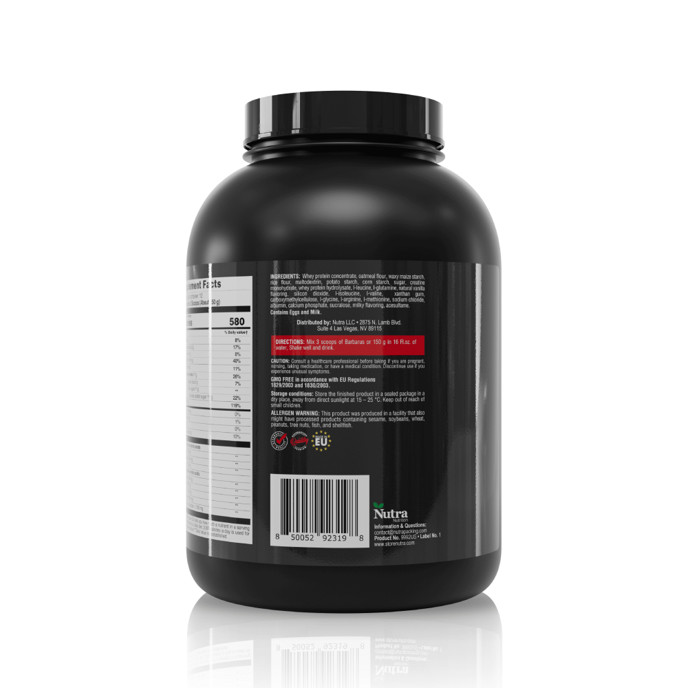 Side view of Barbarus mass gainer jar showing ingredients and directions for use