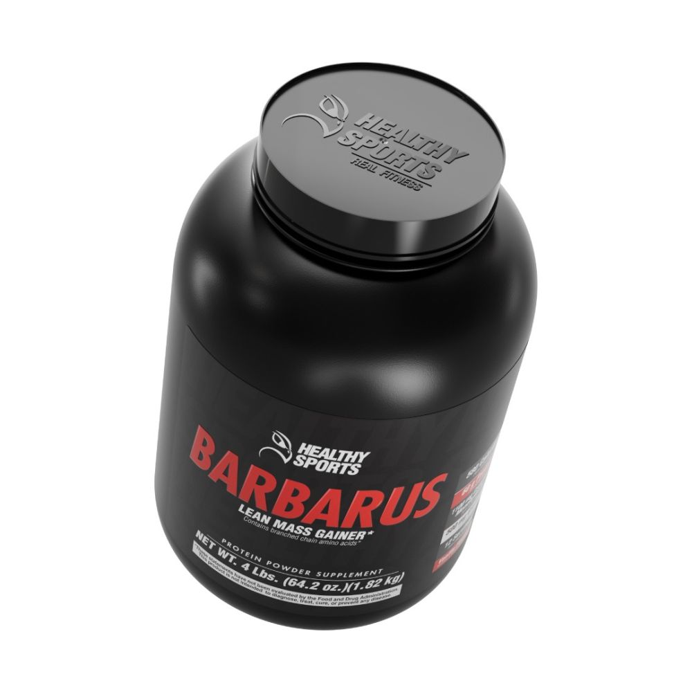 Top view of Healthy Sports Barbarus whey protein concentrate black jar