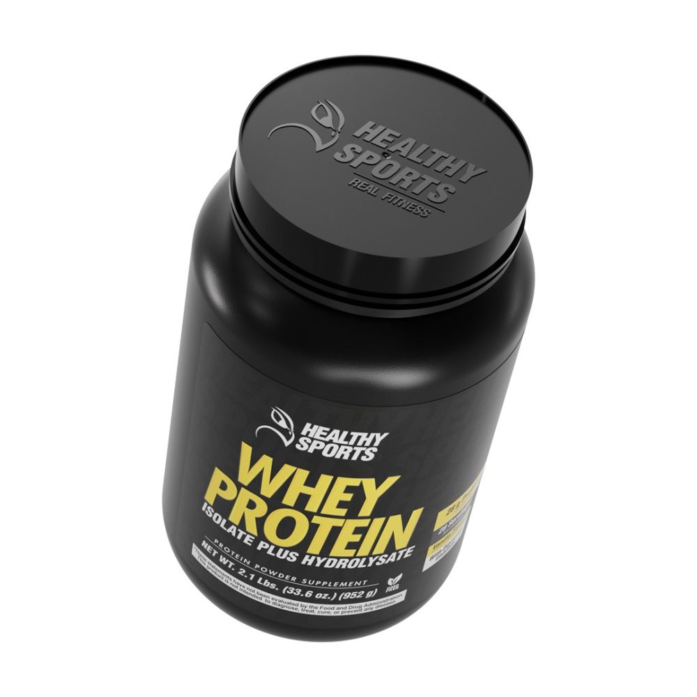 Top-angle view of the Whey Protein Isolate Plus Hydrolysate container with a black lid featuring the embossed Healthy Sports logo