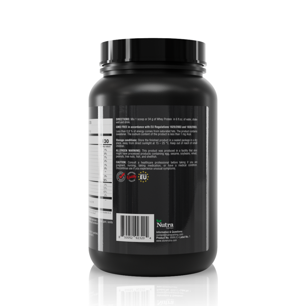 Back label displaying usage instructions, storage conditions, and barcode for Whey Protein Isolate Plus Hydrolysate