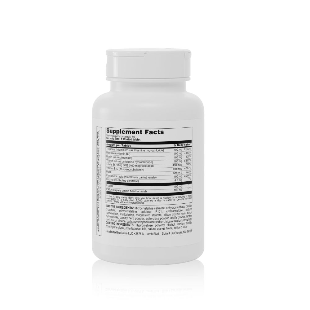 Supplement Facts label of B-100 Complex bottle detailing nutrient composition, including Vitamin B1, B2, B6, and B12.