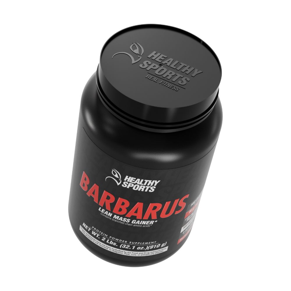 Top view of Healthy Sports Barbarus whey protein concentrate black jar