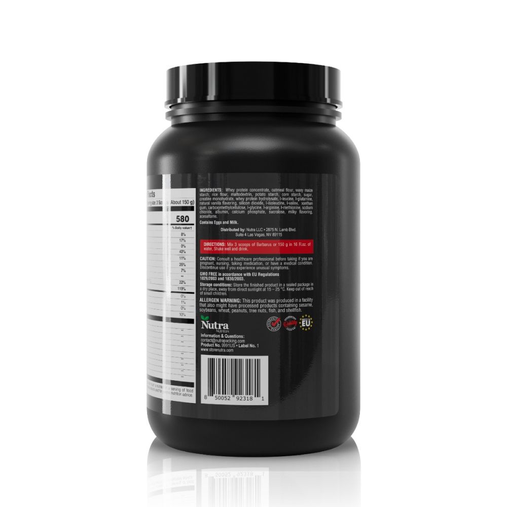 Side view of Barbarus mass gainer jar showing ingredients and directions for use