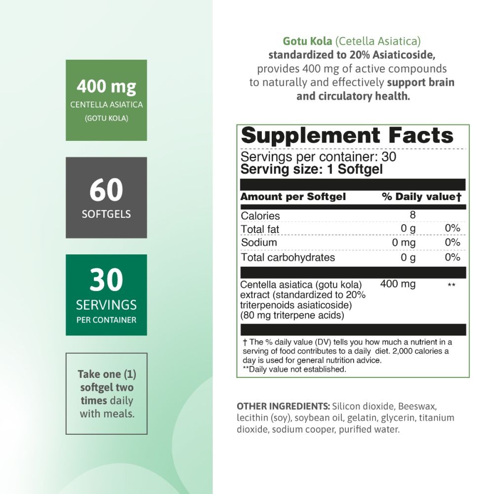 Gotu Kola 400mg nutritional label, showing ingredients and benefits.