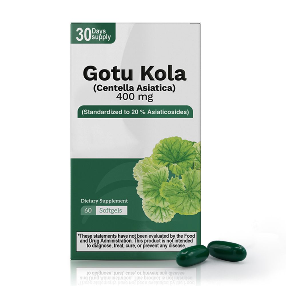 Gotu Kola 400mg box with softgels, standardized to 20% Asiaticosides