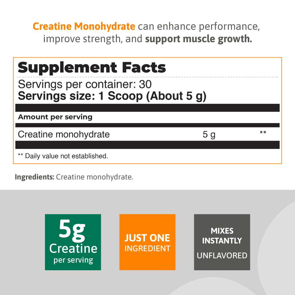 Healthy Sports creatine powder benefits - 5 g per serving for strength, muscle recovery, and workout performance.