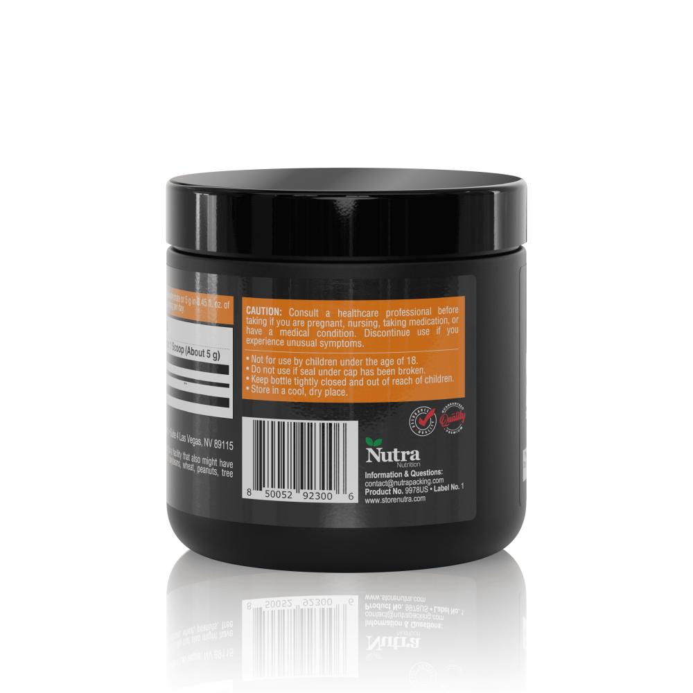 Back label of Healthy Sports Creatine Monohydrate 150 g - Ingredients, precautions, and barcode