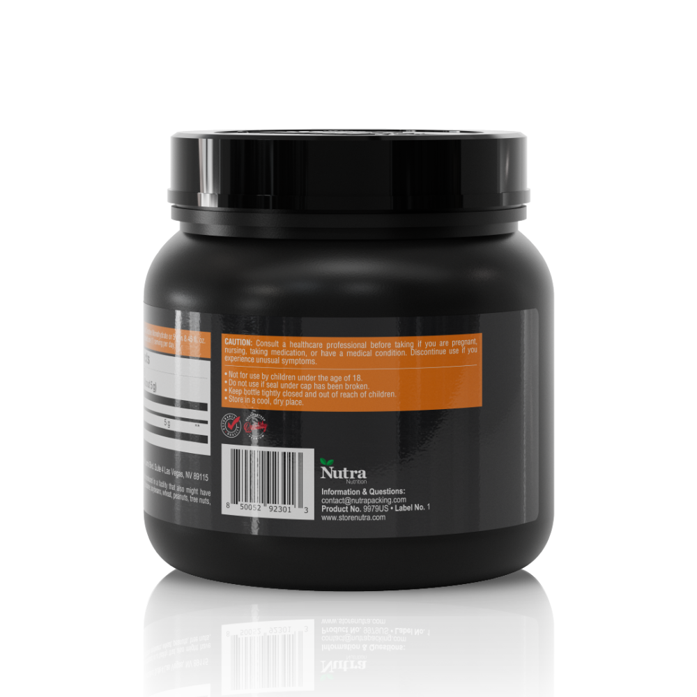 Back label of Healthy Sports Creatine Monohydrate 300 g, featuring supplement details, barcode, and usage instructions for workouts.