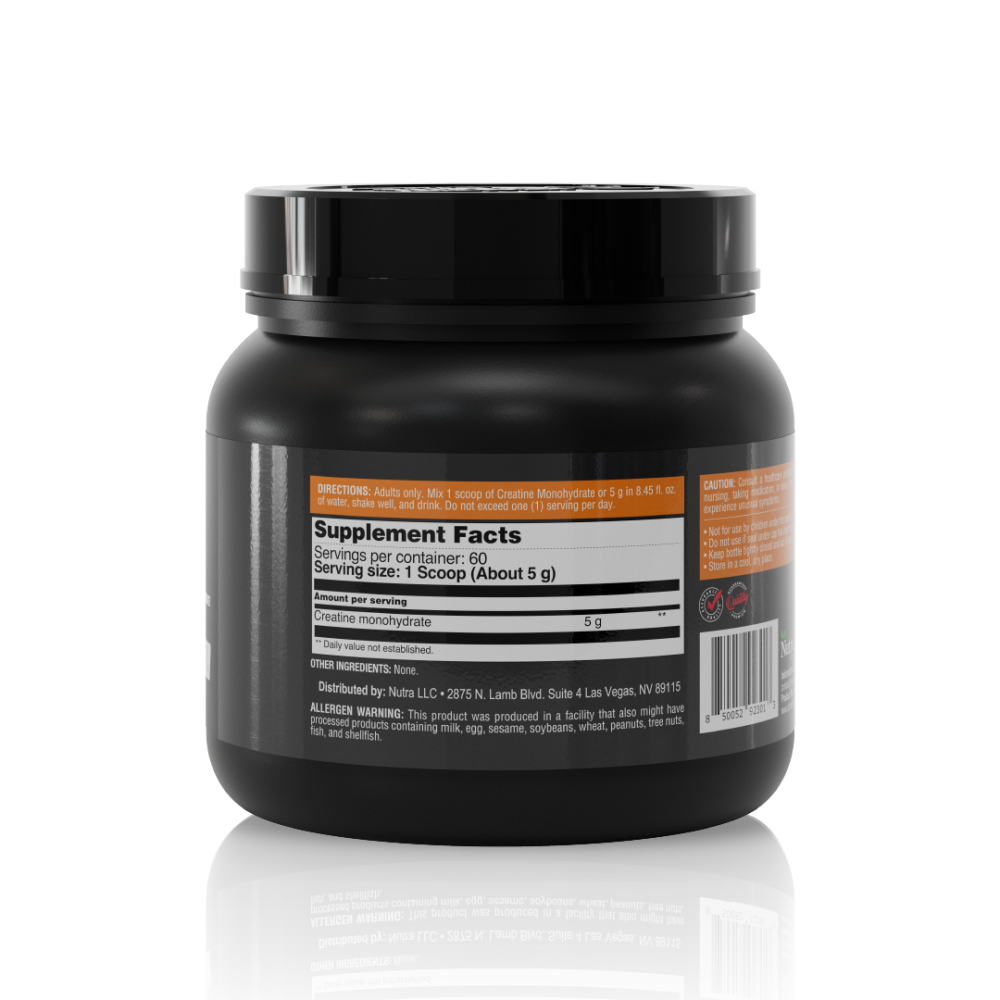 Supplement facts of Creatine Monohydrate powder, 5 g creatine per serving, 60 servings for enhanced muscle growth and recovery.