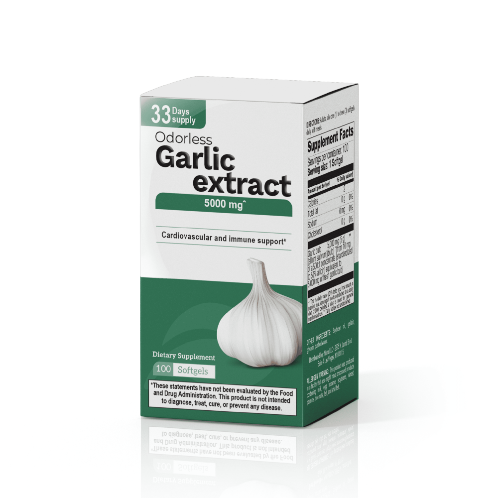 Box of Garlic Extract 5000 mg, 100 softgels, 33 days supply for cardiovascular and immune health