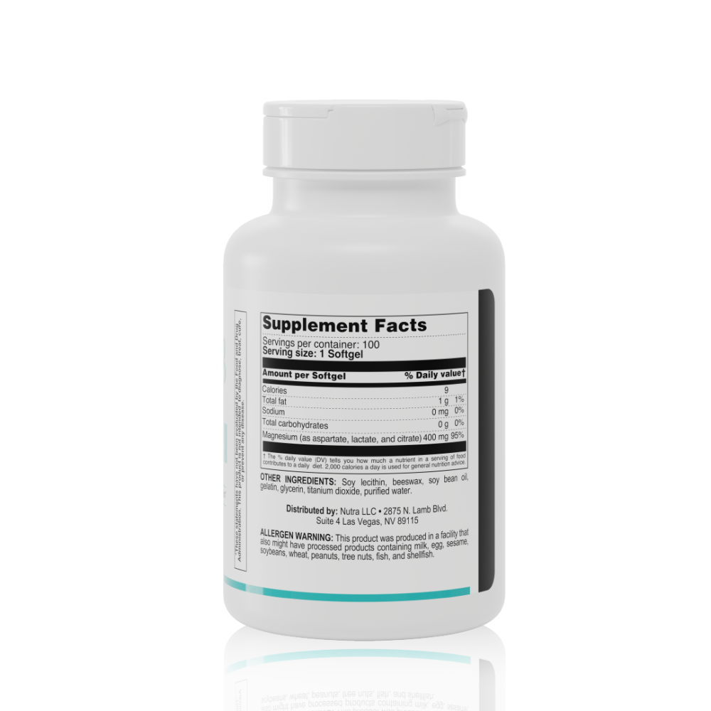 MagX3 supplement facts panel showing magnesium 400mg per serving, as aspartate, lactate, and citrate.