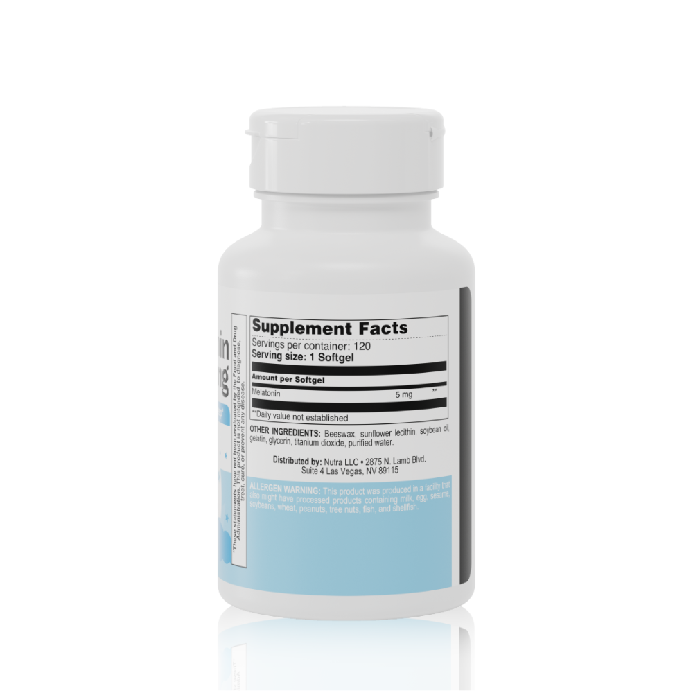 Supplement Facts panel of Nutra Nutrition Melatonin 5 mg, showing 5 mg per softgel.