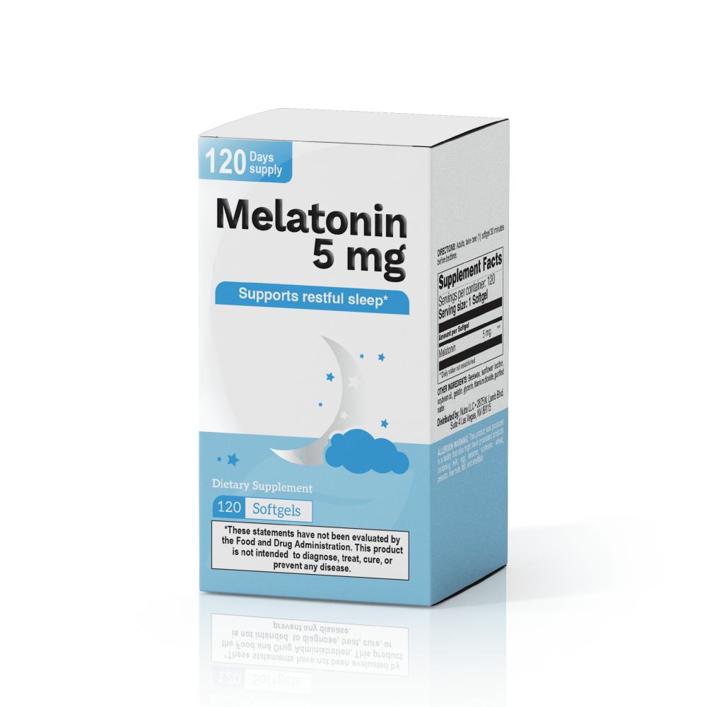 Nutra Nutrition Melatonin 5 mg box packaging, 120 softgels, supports restful sleep.