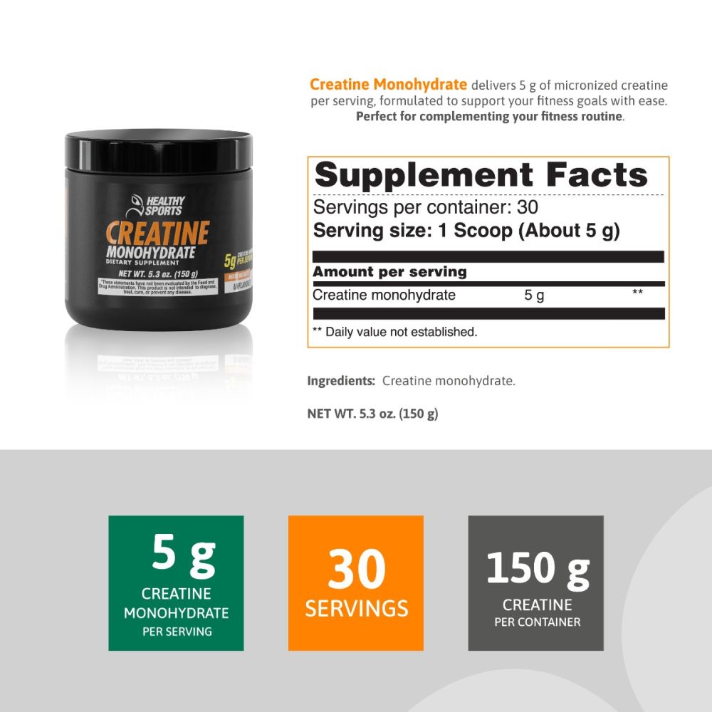 Detailed supplement facts for Nutra Creatine Monohydrate 150 g, complimentary with purchase of Whey Protein 2.1 lbs in Nutra's special launch promotion.