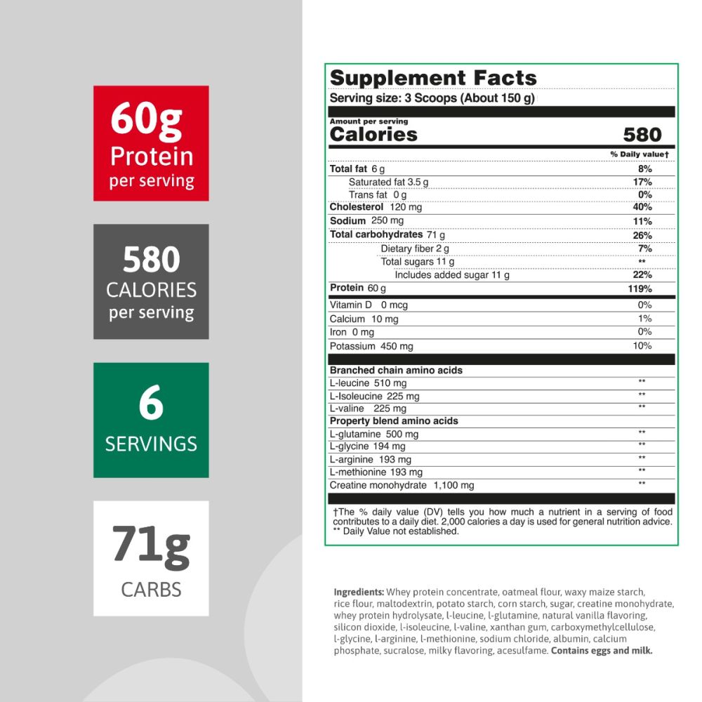 Supplement facts label of Barbarus protein powder, highlighting 60g protein and 580 calories per serving