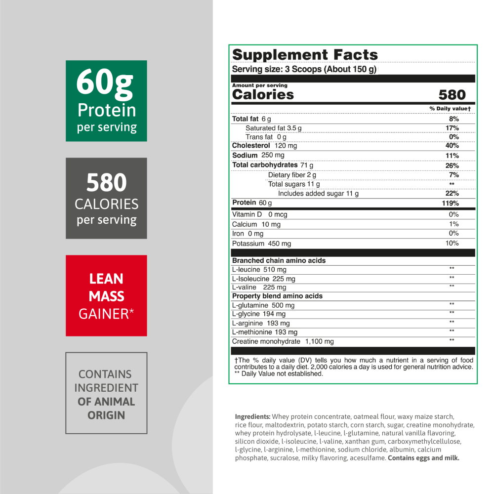 Supplement facts label of Barbarus protein powder, highlighting 60g protein and 580 calories per serving